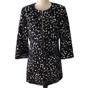 Jones Studio Fully Lined Tunic Length Jacket Black White Print Mid Sleeves Sz 8